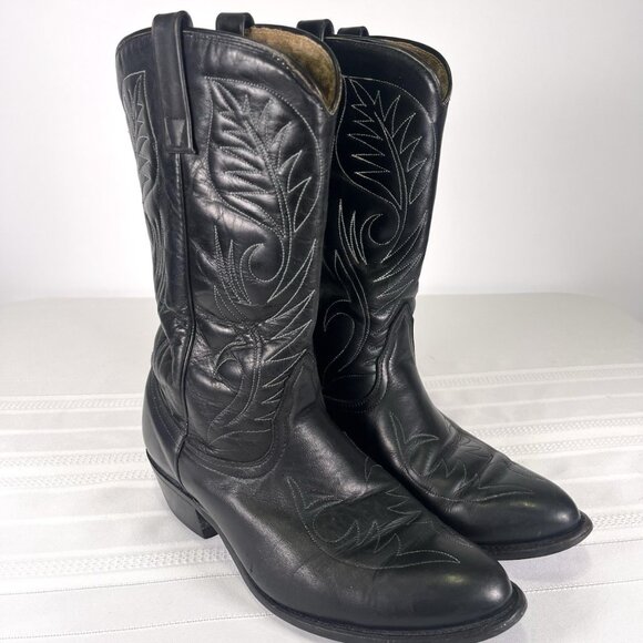 Vintage Black Leather Roper Cowboy Boots Men’s Size 8.5 3E Western Point Toe USA - Picture 4 of 13